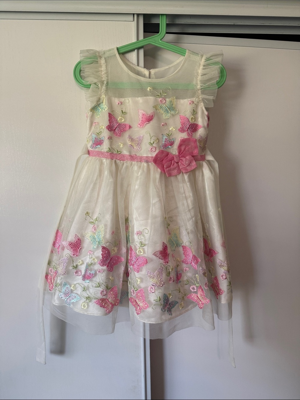 Jona Michelle Cream & Pink Butterfly Embroidered Tulle Dress